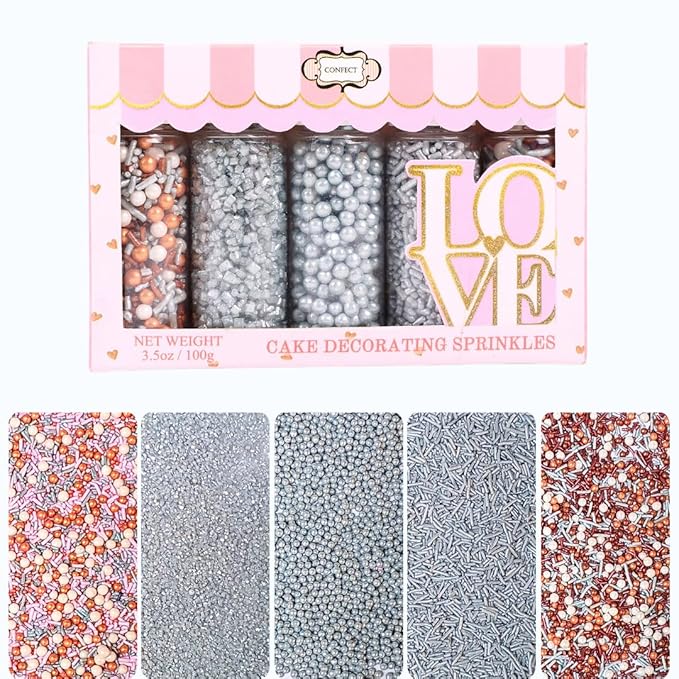 Confect Edible Cake Sprinkles Mix – Silver, Bronze & White Pearls, Silver Jimmies, Sparkling Sugar – Dessert Toppings for Cakes, Cupcakes, Cookies & Baking Decoration | Vegan, Gluten-Free, Nut-Free, Soy-Free, Dairy-Free, Palm Oil-Free- 5 Oz