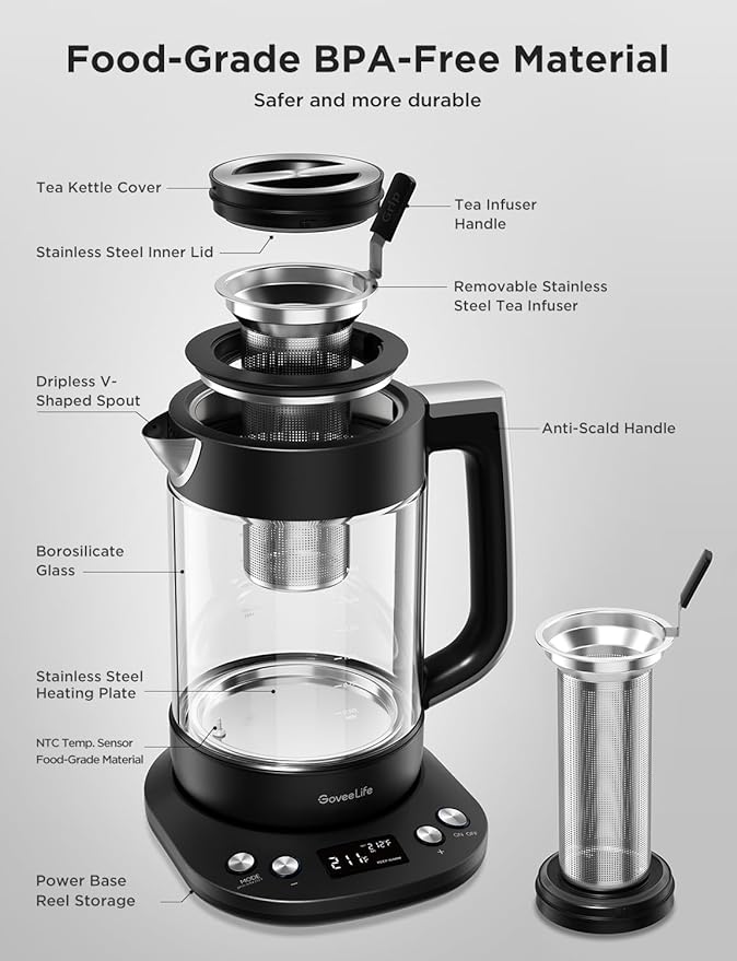 GoveeLife Smart Electric Kettle with Tea Infuser for Loose Leaf, 1.7 L Electric Tea Kettle with Brewing Program, Variable Temperature Control, 2 H Keep Warm & Auto Shut-Off, BPA Free. Black