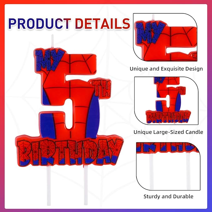Spider Birthday Party Decorations, Number 5 Red Spider Web Happy Birthday Cake Candle for Boys Girls Spider Web 5th Birthday Party Supplies (Spider Web 5th Candle)