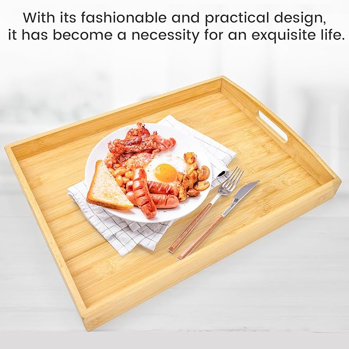 Bamboo Serving Tray with Handles Set of 2 - Decorative Wooden Trays for Eating, Working, and Storing, Suitable for Use in Bedroom, Living Room, Kitchen, Bathroom, Outdoor Scenarios and More