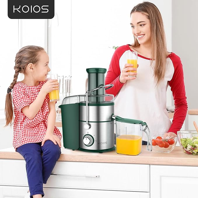 1300W KOIOS Centrifugal Juicer Machines, Juice Extractor with Extra Large 3inch Feed Chute, Full Copper Motor, Titanium-Plated Filter, High Juice Yield, 3 Speeds Mode, Brush included, Non-BPA, Green
