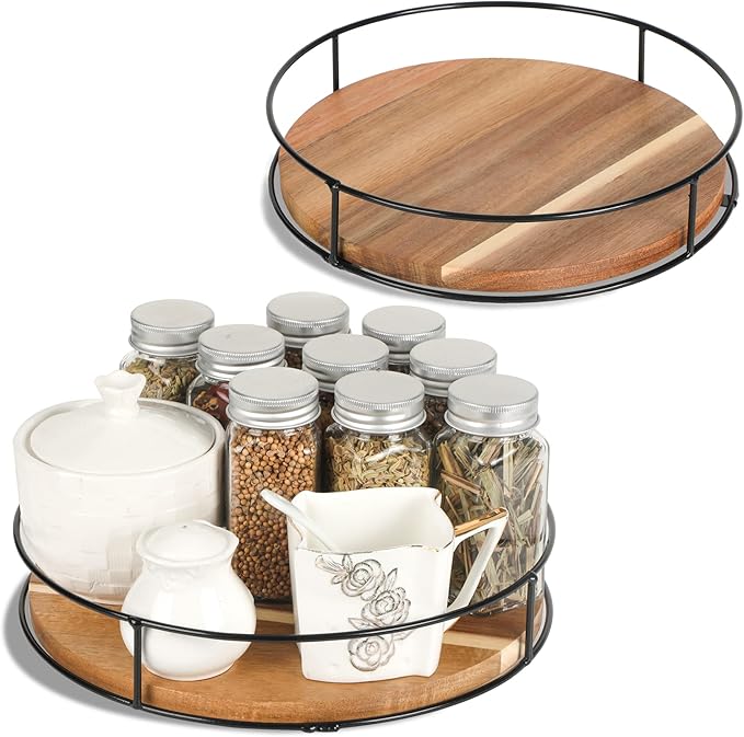 [ 2 Pack ] 11" & 12" Acacia Wood Lazy Susan Organizers with Steel Sides, Lazy Susan Turntable for Cabinet, Kitchen Turntable Storage for Table, Countertop, Pantry