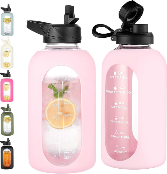 CIVAGO 64 oz Glass Water Bottle Jug with Straw and Handle, Half Gallon Sports Motivational Water Bottle with Time Marker, Wide Mouth Flask Canteen with Silicone Sleeve for Gym, Blush