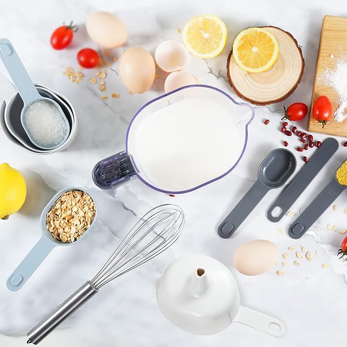 17 Piece Measuring Cups and Spoons Set, Stainless Steel Measuring Spoons Set and Stackable Measuring Cup with Lid for Liquid and Dry Ingredients, Cooking Baking Gadgets