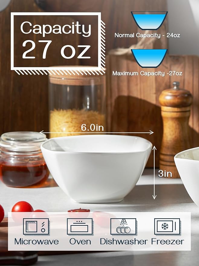 DOWAN Porcelain Soup Bowls Set of 6, 27 OZ Ceramic Square Cereal Bowls, White Bowl, for Ice Cream and Dessert Snack, Wedding Party Gift, Microwave Safe Bowl