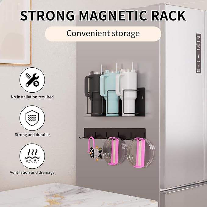 Strong Magnetic Cup Holder for Fridge, Fits Stanley 40/30/20 oz, Yeti & More, No-Drill Tumbler Organizer with Lid & Straw Storage, Kitchen & RV Space Saver(2-Piece Set)