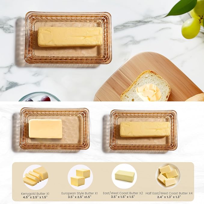 Wide Glass Butter Dish with Cover for Countertop Vintage Crystal Butter Holder for Counter Covered Glass Butter Keeper Butter Holder for Refrigerator,Butter Tray with Two Stick 4oz Butter