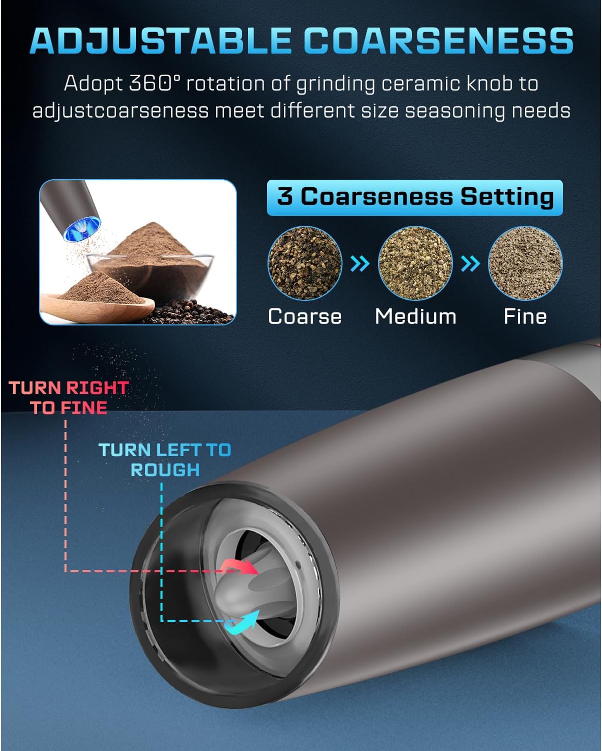 XinXu Gravity Electric Pepper and Salt Grinder Set, Adjustable Coarseness, with LED Light, One Hand Automatic Operation (Set/Brown L)