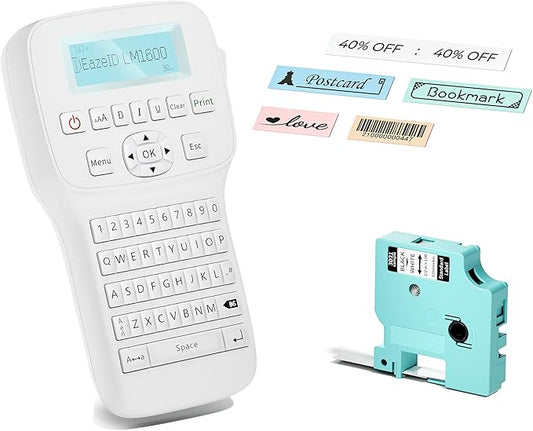 Portable Label Maker Machine with Tapes LM1600, Label Maker with QWERTY Keyboard, Rechargeable Handheld Labeler with Backlighting LCD Screen for Office School Use
