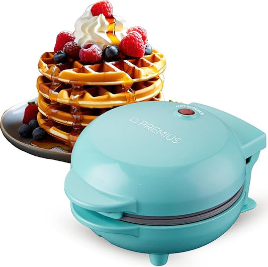 Ceramic Nonstick Mini Snack Waffle Maker, 4” Mold, Quick Heat for Crispy Waffles, French Toast, Tuna Melt, Egg & Grilled Cheese, Sandwiches for Kids & Family, Just Add Batter (Turquoise)