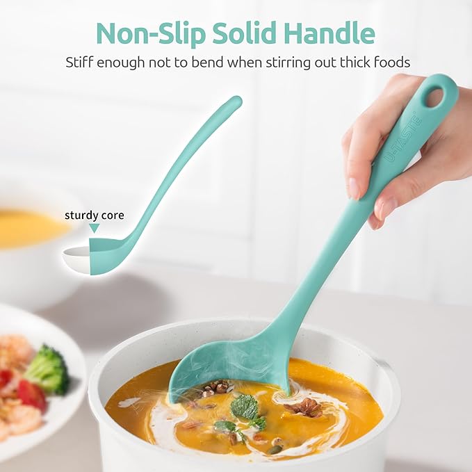 2.6oz Small Silicone Soup Ladle: U-Taste 600ºF Heat Resistant Non-Stick Kitchen Deep Serving Spoon, Soft Cooking Utensil with Non-Slip Solid Handle for Mixing Sauce Stew Gravy (11in, Aqua Sky)