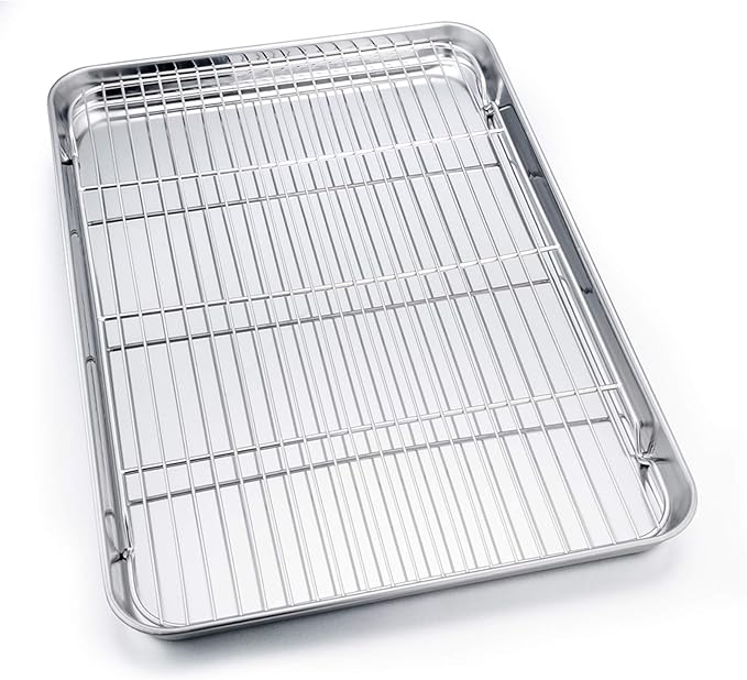P&P CHEF 19.6 Inch Stainless Steel Baking Sheet with Rack Set (2 Pans+ 2 Racks), Cookie Sheets Baking Trays and Cooling Wire Racks, Oven & Dishwasher Safe, Pans with Flat Racks