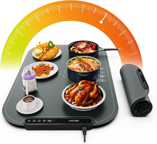 Warming Mat for Food, Voriah Electric Warming Tray with 99H Timer & 8 Temperature Settings, Foldable Food Warmer with °C/°F Switch, Keeps Food Warm at Buffets, Sabbath, Family Gatherings