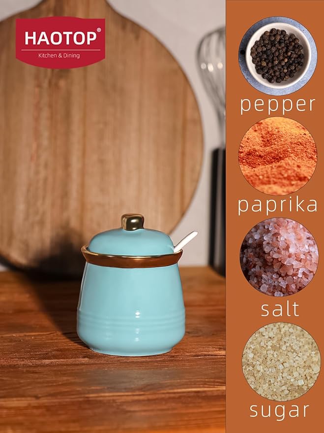 HAOTOP 12oz Sugar Bowl with Lid and Spoon,Simple Ceramic Sugar Jar Sugar Container Sugar Dispenser Coffee Bar Accessories, Modern Kitchen Countertop Canisters, Turquoise