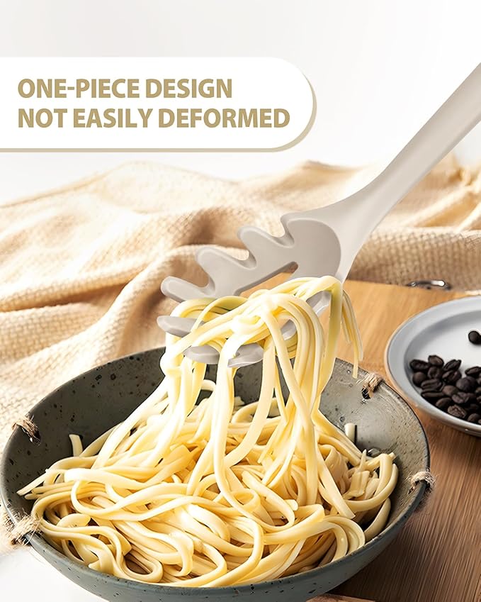 Silicone Pasta Fork and Ladle Spoon Set, Large Non Stick Kitchen Utensils for Cooking,Stirring,One Piece Serving Spaghetti, Soup, Sauce (KHAKI)