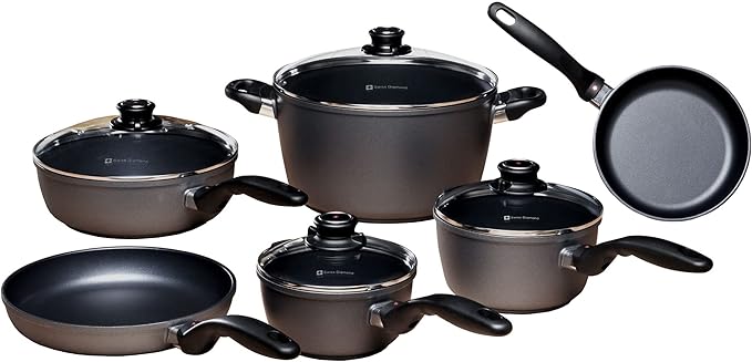 Swiss Diamond 10 Piece Nonstick Cookware Set - Diamond Enforced Aluminum Non Stick Pots and Pan Set, Dishwasher Safe and Oven Safe Pans Set, Grey