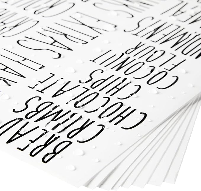 Talented Kitchen 136 Kitchen Sticker Labels for Food Containers - Varied Sizes, Black Text on Clear Background - Waterproof Labels for Jars & Storage