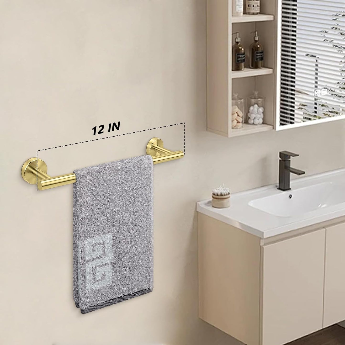 NearMoon Bath Towel Bar, Bath Accessories Thicken Stainless Steel Shower Towel Rack for Bathroom, Towel Holder Wall Mounted (1 Pack, Brushed Gold, 12 Inch)