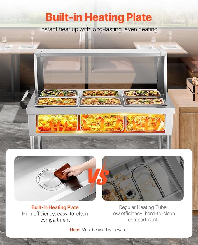 VEVOR 6-Pan Commercial Food Warmer, 6 x 1/2 Pans Electric Steam Table, 1500W Professional Buffet Catering Food Warmer with Shield Undershelf Wheels, Stainless Steel Server for Party Restaurant