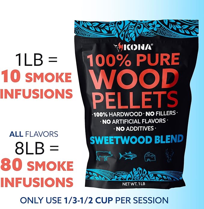 Kona Premium BBQ Wood Pellets Offer high BTU, Clean-Burning, Low-ash, and Low-Moisture for Great Flavor. No Soaking Needed. Includes 8 Varieties. Use 1/3-1/2 Cup per Session for Hours of Smoking.