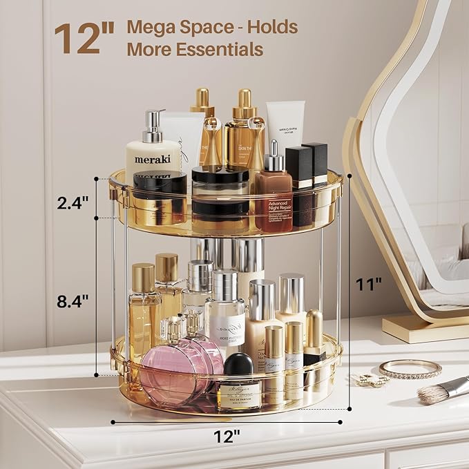 LAMU 12inch 2 Tier Lazy Susan Turntable Organizer Rotating Spice Rack Organization for Cabinet, Kitchen, Pantry, Countertop, Bathroom, Vanity, Medicine Cabinet Organizer, Amber