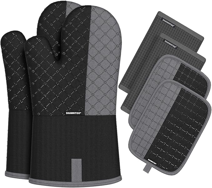 Oven Mitts and Pot Holders Sets 6pcs, Kitchen Oven Glove,High Heat Resistant 550 Degree Extra Long Oven Mitts and Potholders with Non-Slip Silicone Surface for Home Essentials (Grey) (Matte Black)