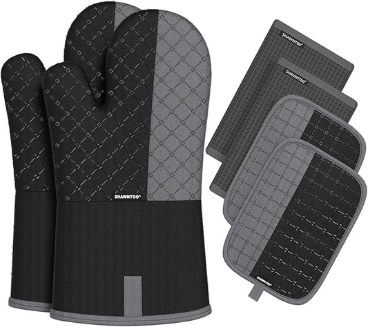 Oven Mitts and Pot Holders Sets 6pcs, Kitchen Oven Glove,High Heat Resistant 550 Degree Extra Long Oven Mitts and Potholders with Non-Slip Silicone Surface for Home Essentials (Grey) (Matte Black)