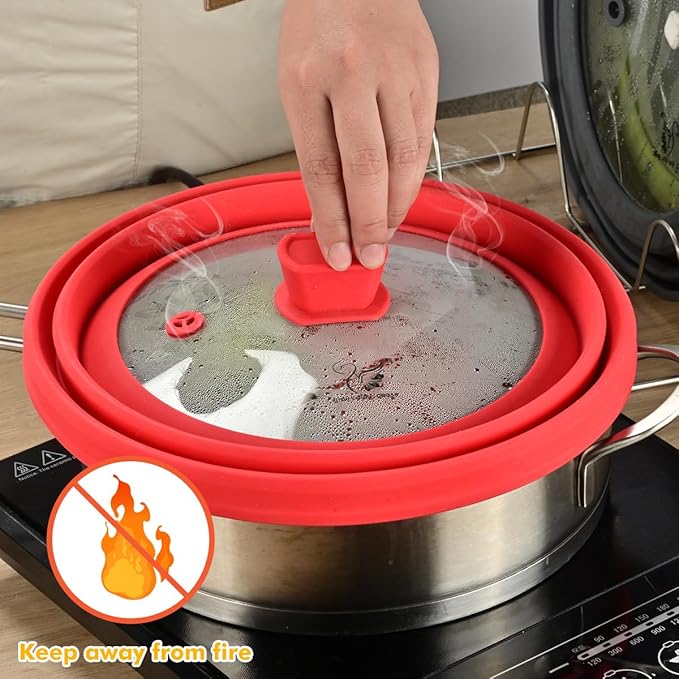 Microwave Splatter Cover Glass Splatter Guard Lid with Collapsible Silicone for Food Pot Plate Cover 10.8 inch Red