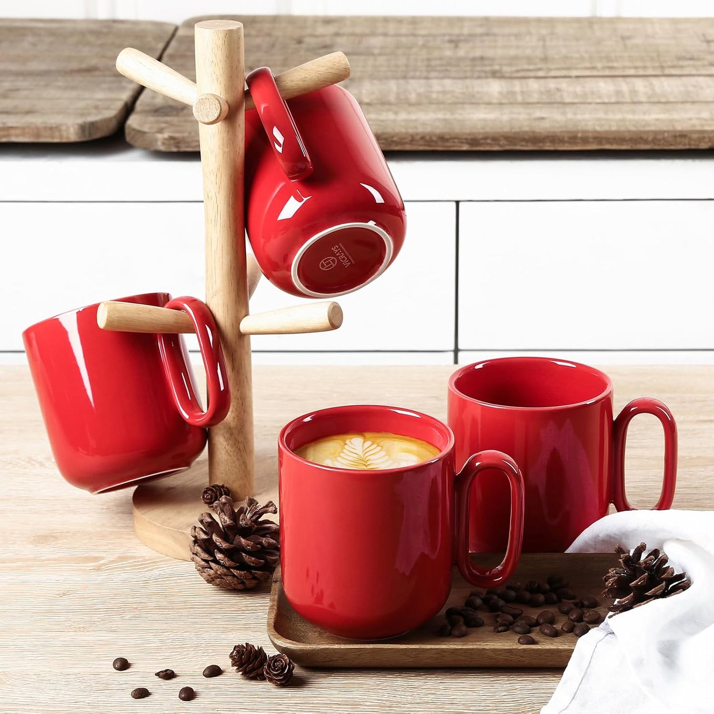 vicrays Ceramic Coffee Mug Set - 18 Ounce Large Stoneware Mug for Men Women - Unique Glazed Porcelain Mugs with Handle for Coffee Latte Tea Milk Cocoa - Set of 4 (Red)