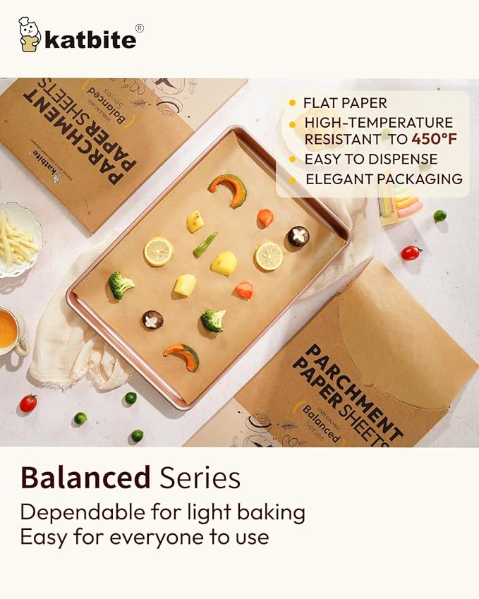 Katbite 220 Pcs Parchment Paper Sheets, 12x16 Inches Unbleached Baking Paper Non-Stick for Gently Baking, Pre-cut Parchment Paper Suitable for Baking, Cooking,Air Fryer [Balanced Series]