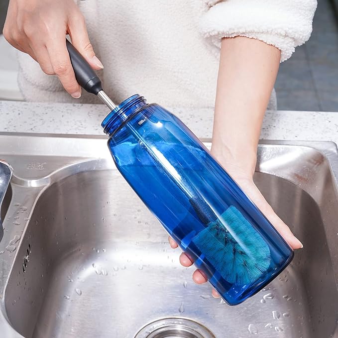 Water Bottle Cleaning Brush with 2 Replaceable Heads, Compatible with Sport Bottles, Tumblers, Mugs, Wine Decanters, Glassware, Round, 1 Pack (13 in)