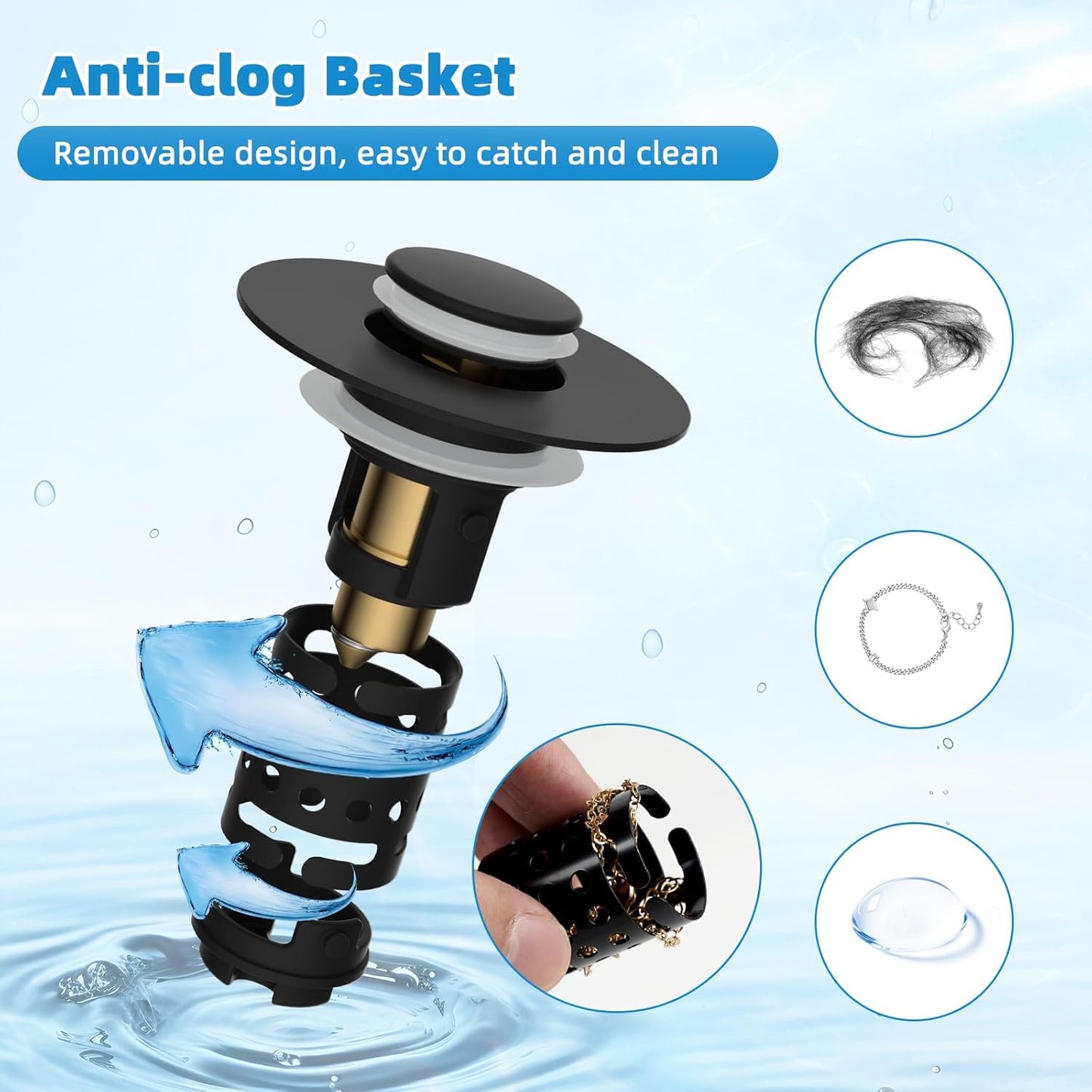 Universal Bathroom Sink Stopper Hair Catcher Upgraded with 2-Layer Detachable Filter Basket, 4 in 1 Pop Up Drain Strainer, Anti-Clog, Odor-Block, Fit for 1.1''~2.36'' Sinks, 2PCS, Matteblack