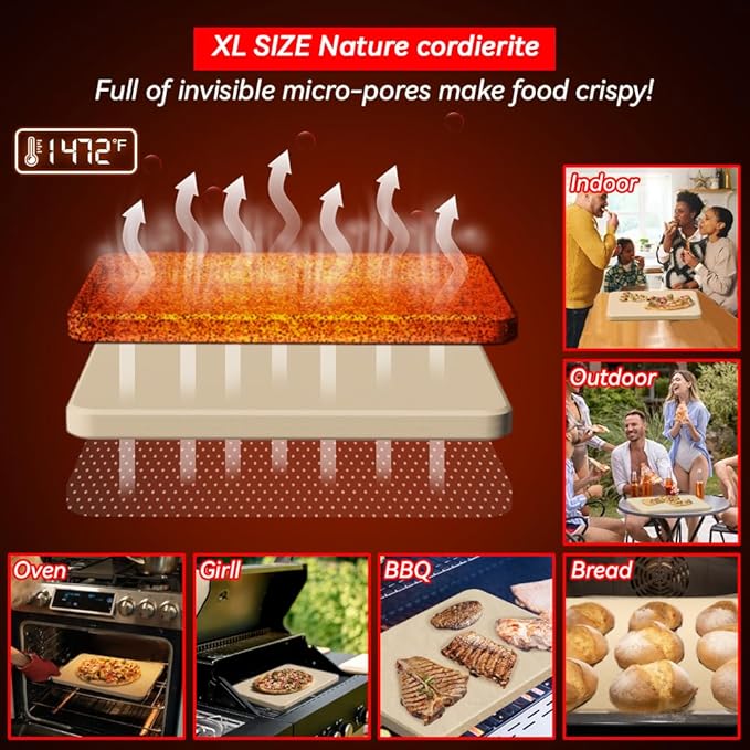 5 PCS Rectangle Pizza Stone Set, 16"Large Pizza Stone for Oven and Grill with Pizza Peel(OAK), Pizza Stone Brush,Pizza Cutter & 10pcs Cooking Paper for Free, Baking Stone for Pizza, Bread,BBQ