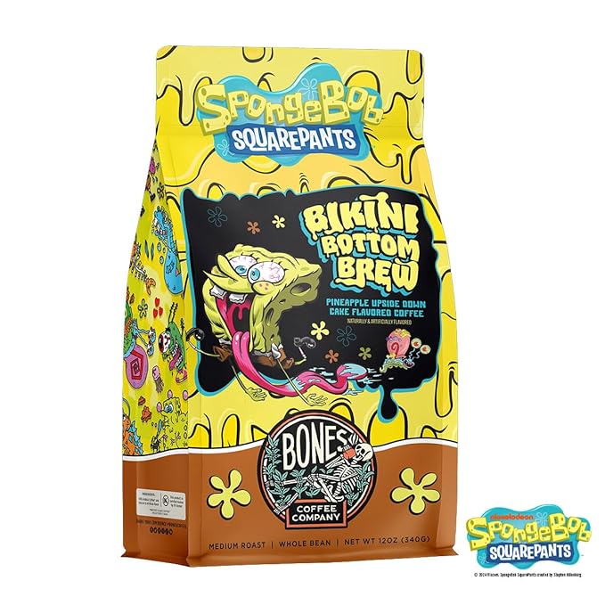 Bones Coffee Company Spongebob Bikini Bottom Brew, Pineapple Upside Down Cake Flavored Coffee, Medium Roast Low Acid Arabica Beans For Auto drip and French Press Coffee Maker, 12 Oz Ground
