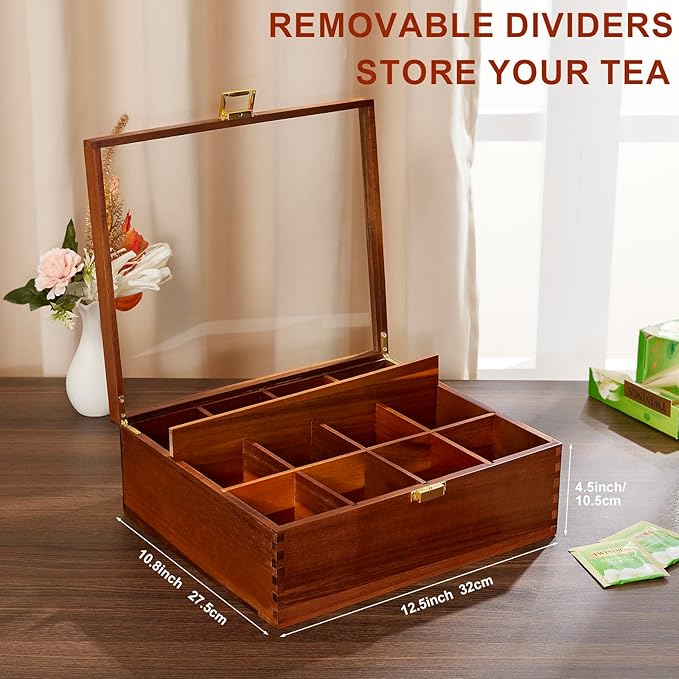 Tea Bag Organizer, Acacia Wood Tea Organizer Box, 12 Compartments Tea Organizer for Tea Bags with Clear Glass Window, Tea Bag Holder for Countertop Kitchen Cabinet Pantry - Keeps Tea Bags Fresh