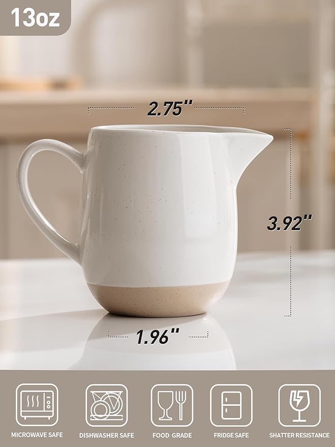 famiware Milkyway 13oz Creamer with Handle, Ceramic Coffee/Milk/Sauce/Serving/Salad Pitcher Jug, Stoneware Maple/Syrup Dispenser, Milk Frother Cup, Microwave and Dishwasher Safe, White
