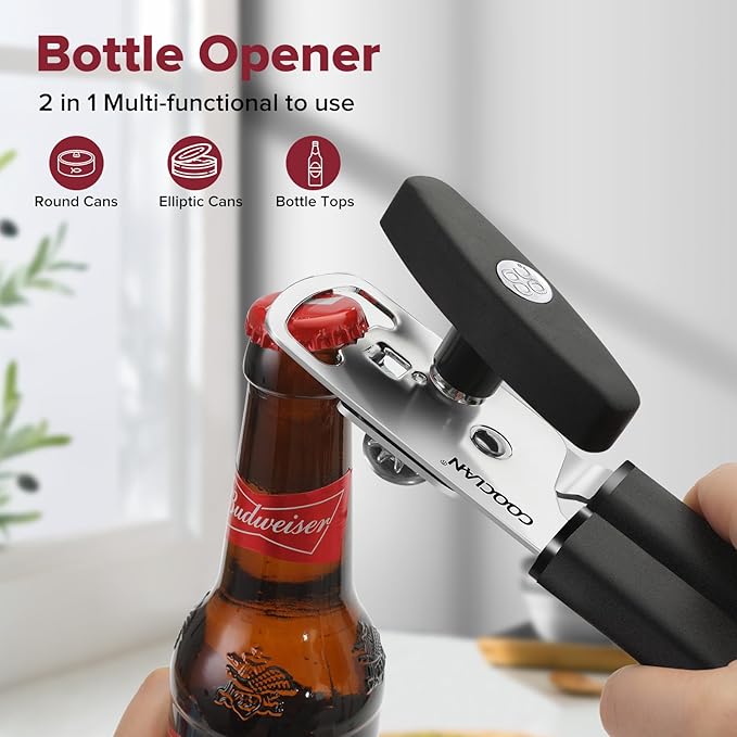 Can Opener Manual w/Magnet - Heavy Duty Hand Held Can Openers & Bottle Opener, Sharp Blade, Smooth Edge on Cans, Soft Grip Rubber Handle, Effortless Turn Knob for Seniors and Arthritis, Black