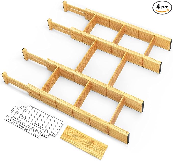 SpaceAid Bamboo Drawer Dividers with Inserts and Labels, Kitchen Adjustable Drawer Organizers, Expandable Organization for Home, Office, Dressers, 4 Dividers with 9 Inserts (17"-22" Natural)