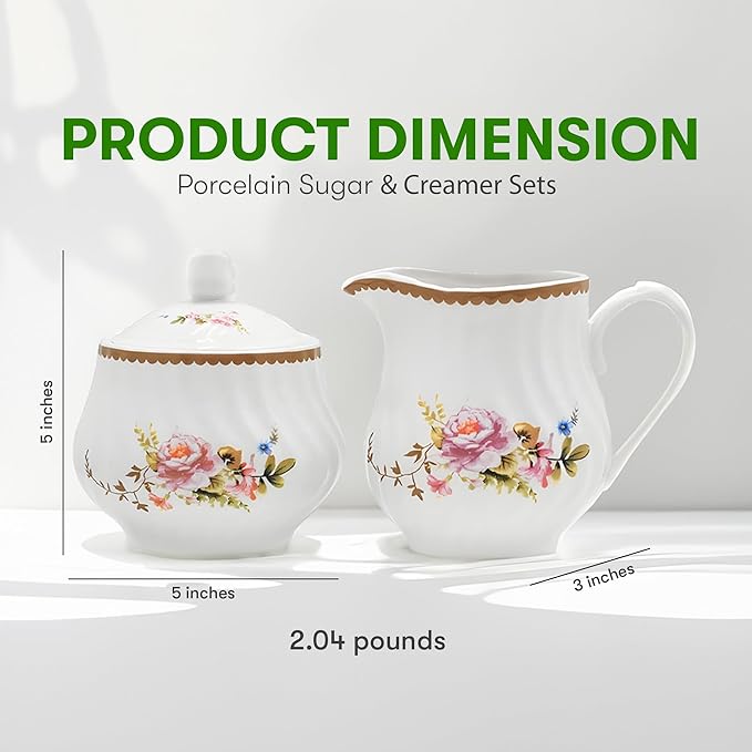 Sugar and Creamer Set - Porcelain Sugar and Creamer Floral Vintage Tea Set with Elegant Embossed Swirls - Exquisite Fine China Tea Set for Parties & Celebrations - Timeless Rose Set by Lynns