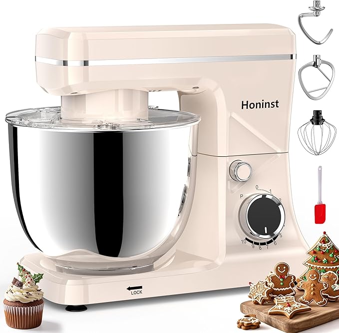 10-Speed Stand Mixer with 8-in-1 Splash Guard, Tilt-Head, 6QT Stainless Steel Bowl + Dishwasher-Safe Dough Hook/Whisk/Beater/Spatula for Baking Bread, Cakes, Cookies, Beige