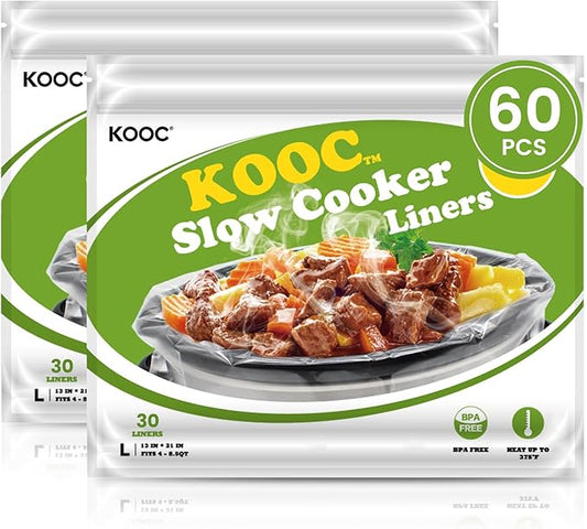 KOOC Slow Cooker Liners 13x21 inch 60 Count Large Size Disposable Plastic Bags Pot Liners Cooking Bags Fit 3QT to 8.5QT Pot BPA Free
