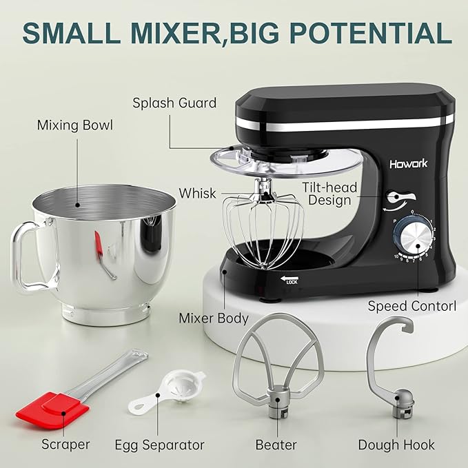 HOWORK Electric Stand Mixer,10+p Speeds With 6.5QT Stainless Steel Bowl,Dough Hook, Wire Whip & Beater,for Most Home Cooks,Black