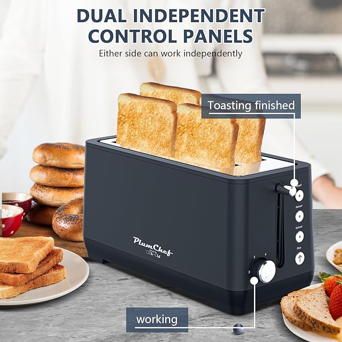 4-Slice Toaster, Extra Wide Long Slot Toaster with Warming Rack, 6 Browning Settings, Bagel/Defrost/Reheat Functions, Removable Crumb Tray, Stainless Steel Housing 1350W (2, Matte Blue)