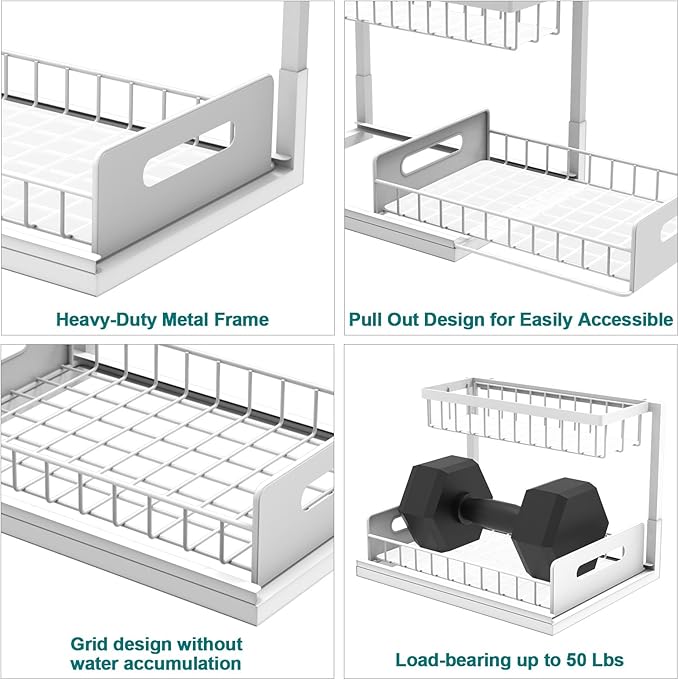 bukfen Under Sink Organizer, Pull Out Home Organizers 2-Tier Slide Out Sliding Shelf Under Cabinet Storage Multi-Use for Under Kitchen Bathroom Sink Organizers and Storage,White,2 Pack
