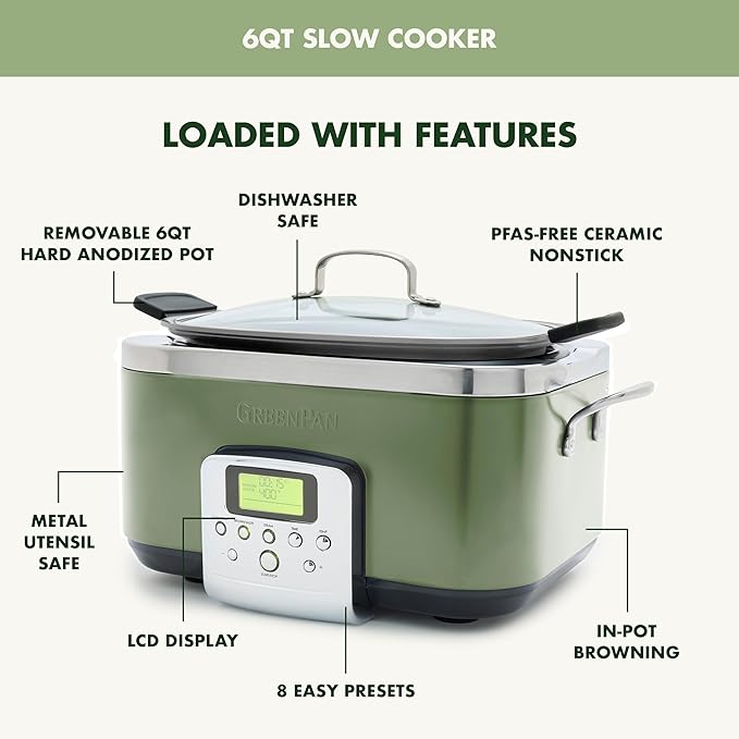 GreenPan Elite 8-in-1 Programmable 6QT Electric Slow Cooker, Dishwasher Safe Lid & Removable Crock, PFAS-Free Healthy Ceramic Nonstick Multi-Cooker, Sear, Sauté, Brown, Steam Basket, Roast, Sage Green