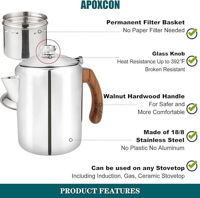 Coffee Percolator Pot Stainless Steel Coffee Maker with Tough Glass Knob & Fireproof Solid Wood Handle & Drip-Free Spout Camping Coffee Pot Using on any Stovetop NO Aluminum NO Plastic (8 Cup)