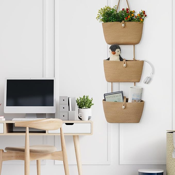 TeoKJ 3-Tier Hanging Baskets for Storage with Pearl Button Strap, Cotton Rope Over the Door Organizer, Wall-Mounted with Hook Decorative Hanging Nursery Baskets, Jute