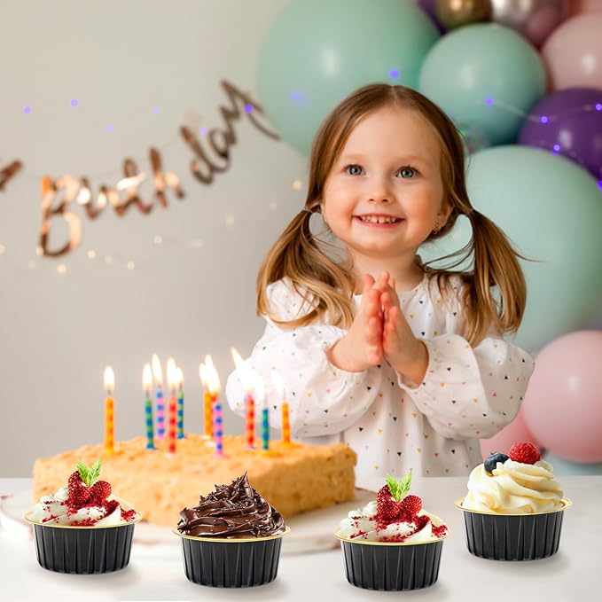 LNYZQUS 5oz Mini Cake Baking Pans with Lids 100 Pack, Disposable Mini Aluminum Cupcake Pan Muffin Cups, Small Cake Baking Cups Muffin Tin Cupcake Liners Containers for Custard Creme Brulee-Black