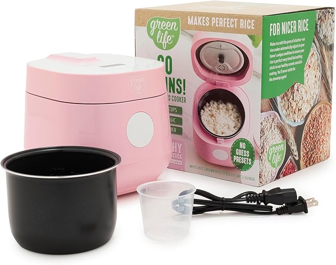 GreenLife Digital Rice Cooker, 2-Cups Uncooked/4-Cups Cooked, Removable Nonstick Ceramic PFAS-Free Pot, One-Touch Presets, Oats, Quinoa, Brown Rice, Auto Keep Warm, Fuzzy Logic Tech, 1.5 QT, Pink