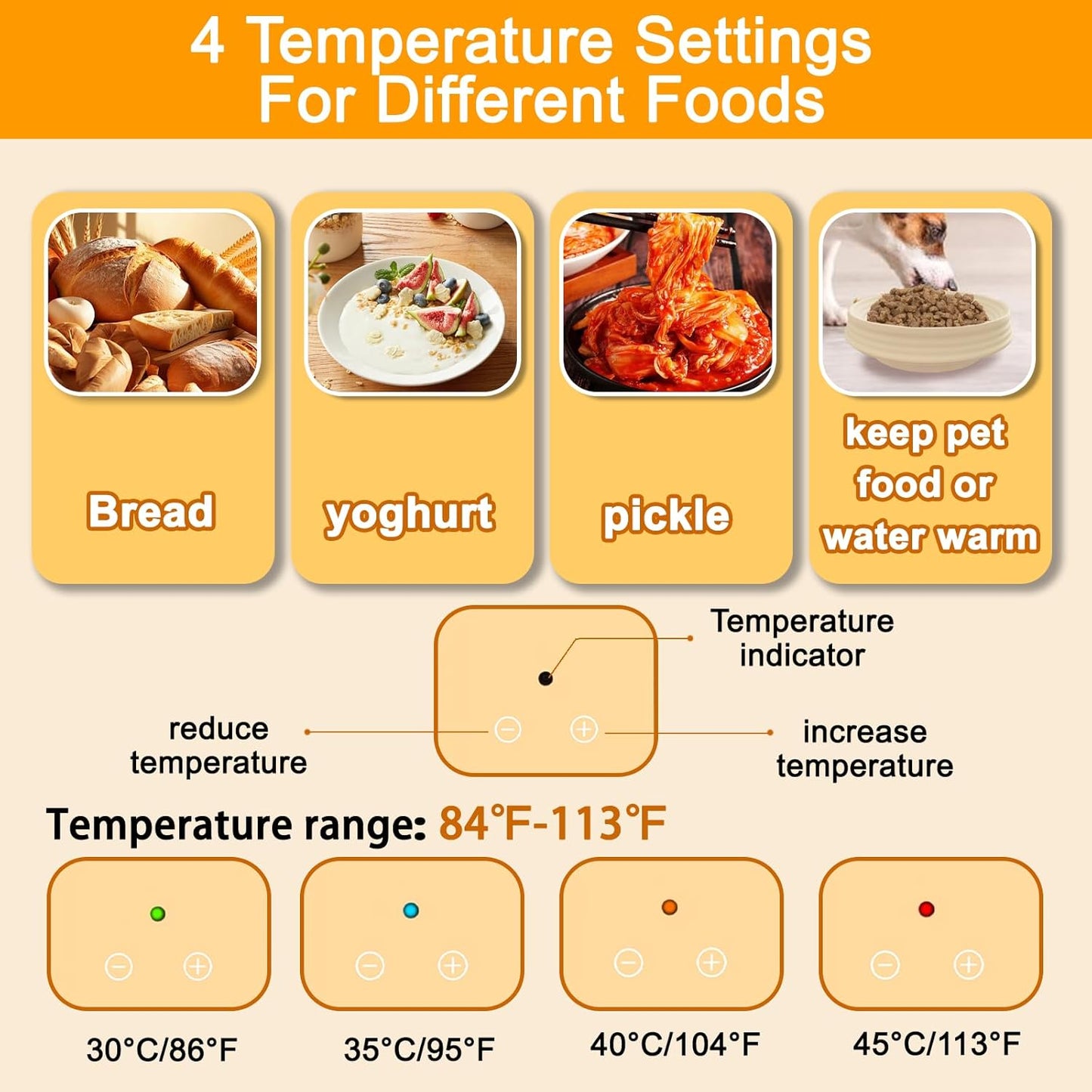 Heating Sourdough Bread Baking Supplies, Bread Proofer with 4 Temperature Settings, Round 9 Inch Foldable Silicone Basket, Yogurt & Pet Food Warmer